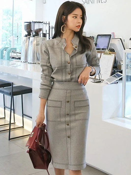 2 Pieces Casual Coat Tops Sweater Jackets High Waist Bodycon Midi Skirt Sets