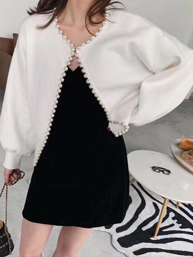 Pearl Trim Long Sleeve Loose Warm Casual Sweater Coat