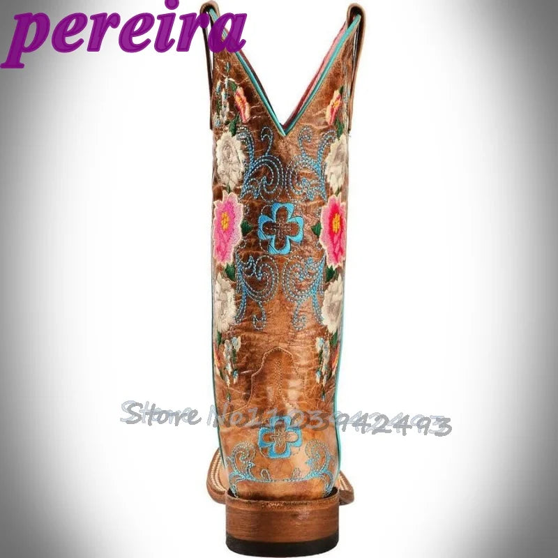 Embroidered Flower Rose Garden Mid-Calf Cowboy Boots