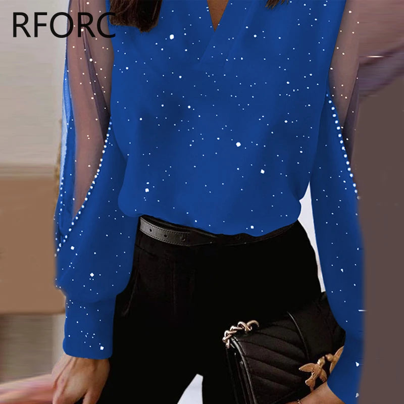 Glitter V Neck Contrast Mesh Patch Rhinestone Long Sleeves Blouse