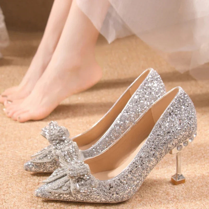 Rhinestone Bow Pump with Decorative Heel
