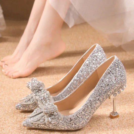 Rhinestone Bow Pump with Decorative Heel