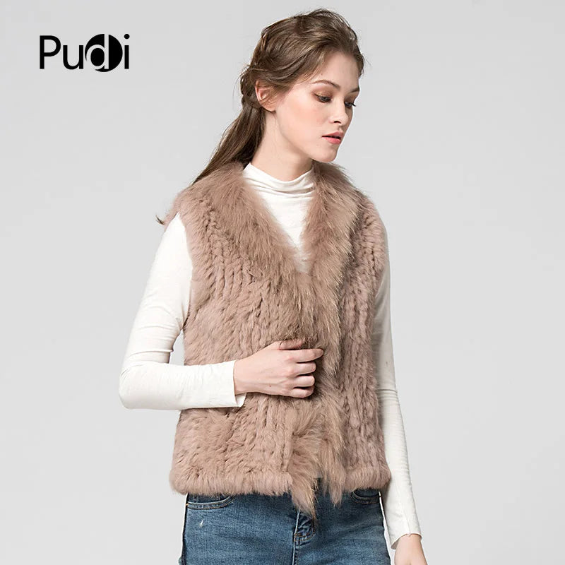 Natural Real Rabbit Fur Vest With Raccoon Fur Collar Jackets