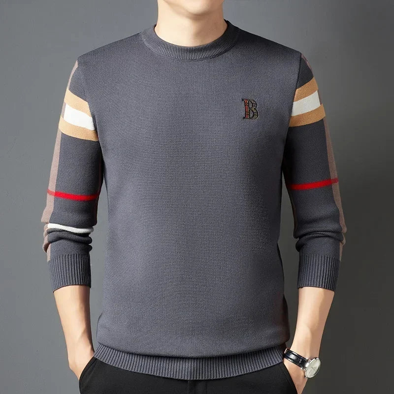 Autumn and Winter Men's Sweater Knitted Pullover with Soft Warm Striped Checker