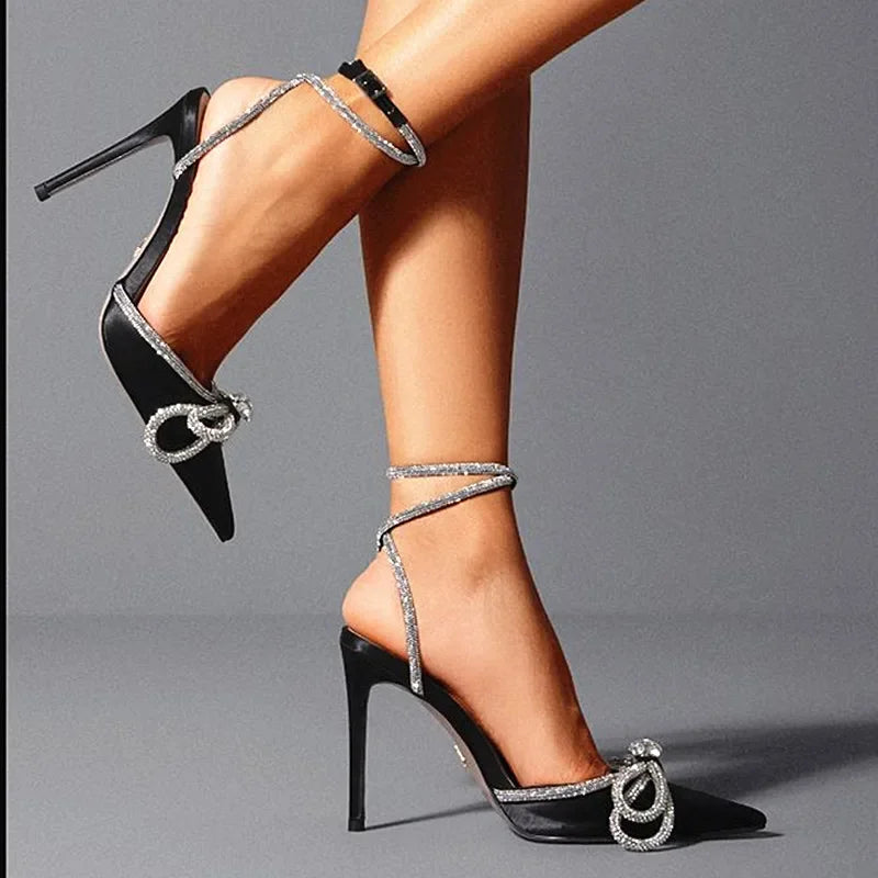 Pointed Toe Baotou High Heels Luxury Bow Rhinestone