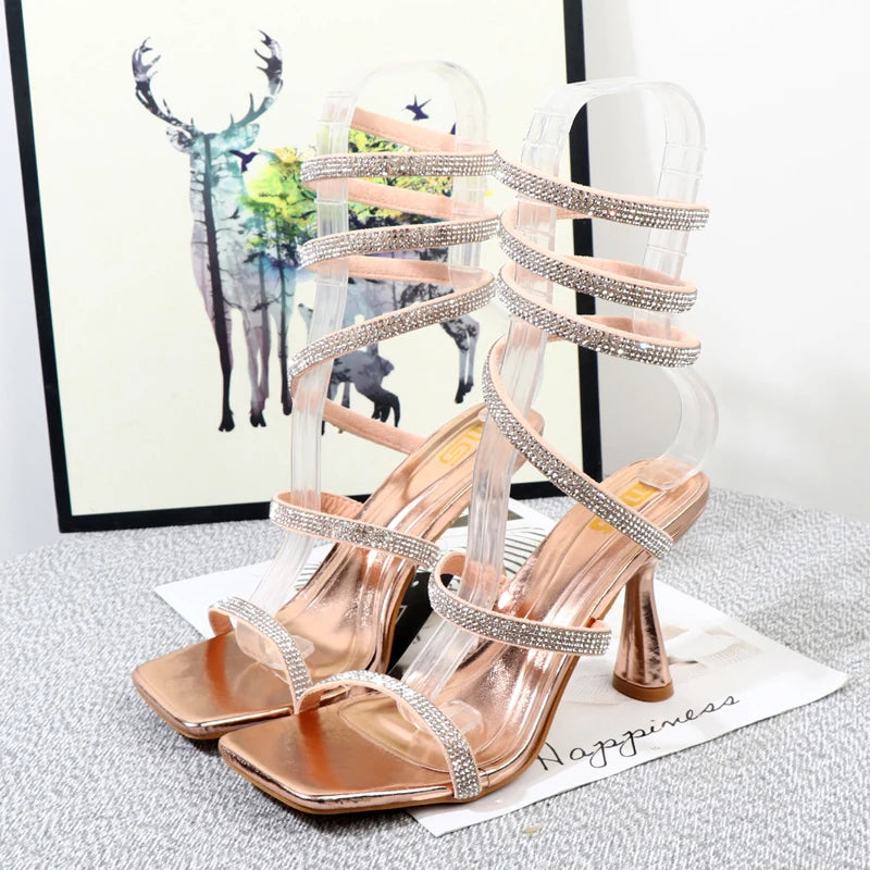 Rhinestone Spiral Strap High-Heeled Sandals
