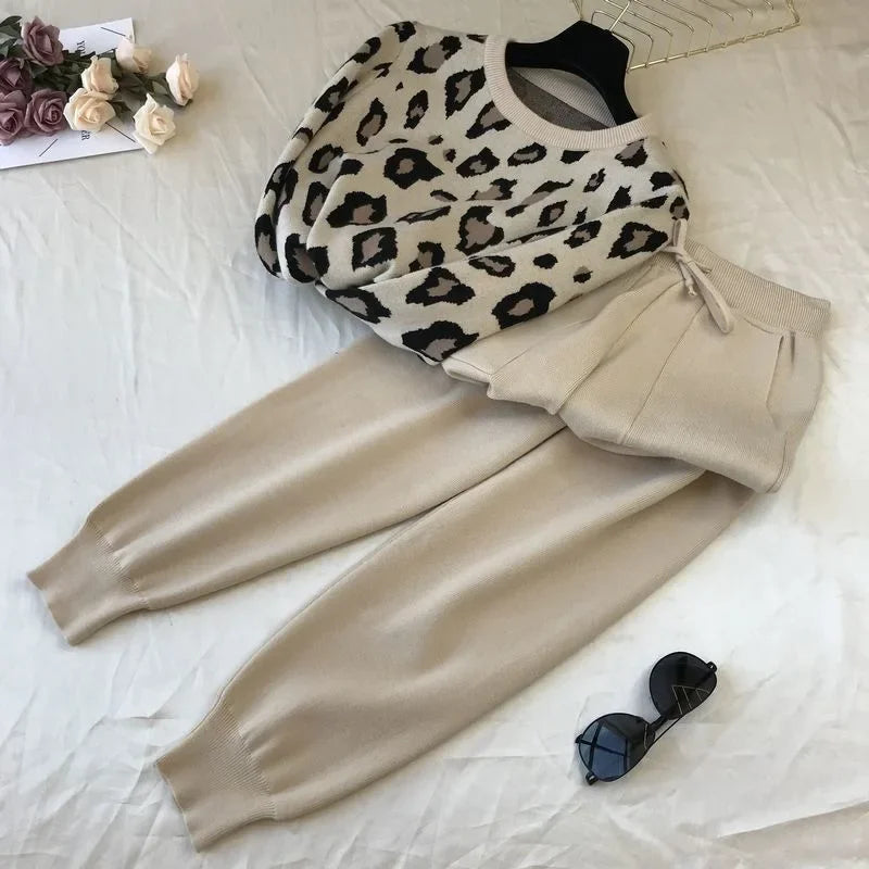 Loose V-neck Pullovers Leopard Print Knitted 2 Piece Sets