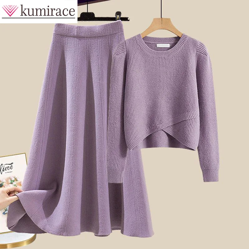 Knitted Sweater Half Skirt Maillard Dressing Set