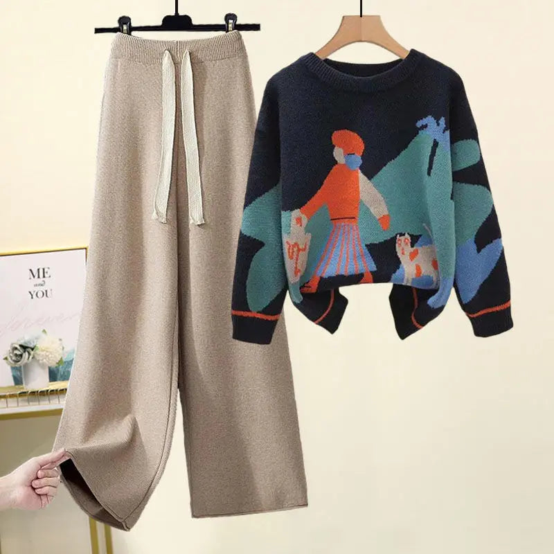 Printed  Knitted Sweater Loose and Slimming Casual Pants Two Piece Set