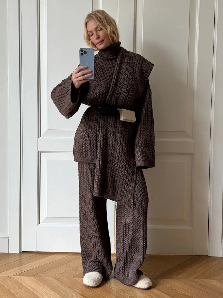 Soft Wool Blend Cable Knit Sweater Wide Leg Pants Set