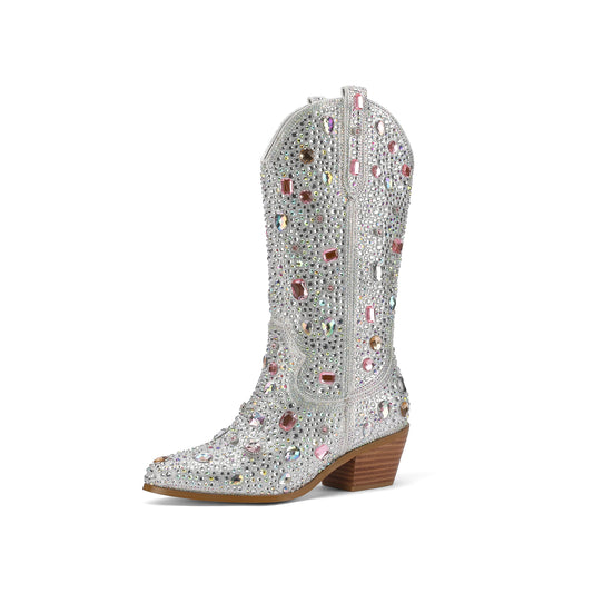 New Women's Pointed Toe Mid-Tube Rhinestone Western Cowboy Boots