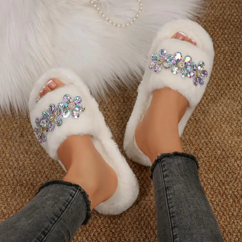 Luxury Glitter Flower Furry Slippers