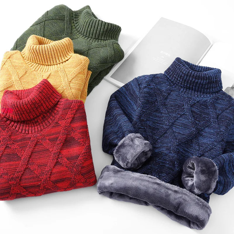 3-10 Years Boys Fashion Plush Warm Turtleneck Sweater