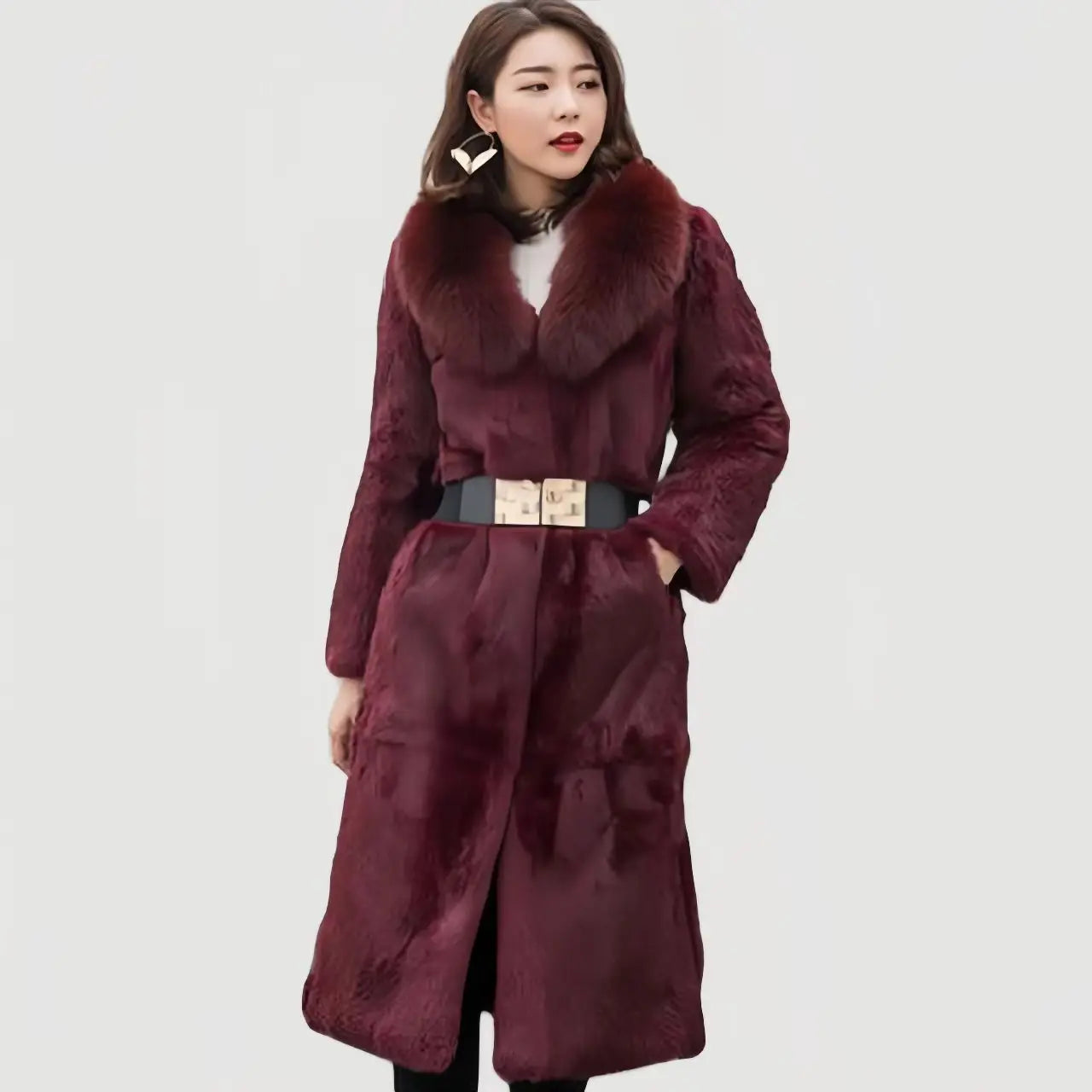 Real genuine natural rabbit fur coat with fox fur collar