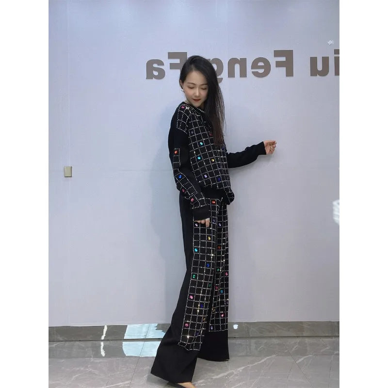 European-style Rhinestone Knitted Sweater Two-piece Set