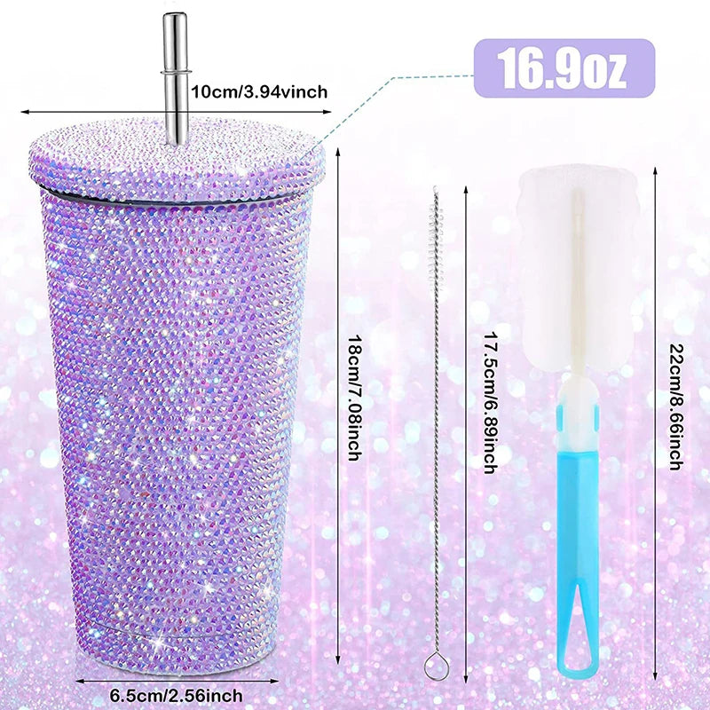 500ml Straw Cup With Lid Reusable Rhinestone Stainless Steel Double Layer Thermos Cups