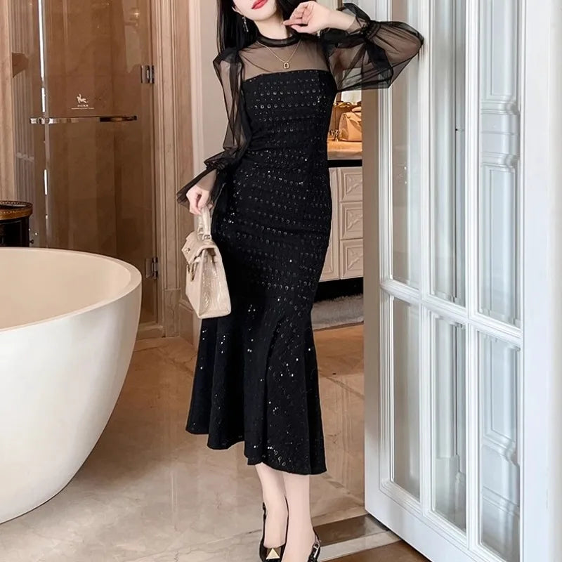 Bling Mesh Black Trumpet Dress