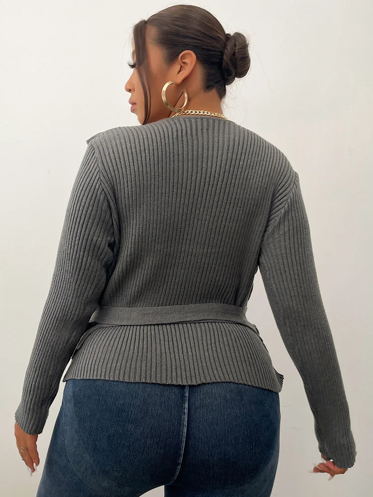 Grey Belt Pullover V Neck Lotus Leaf Collar Wrap-over Top Knitting Sweater