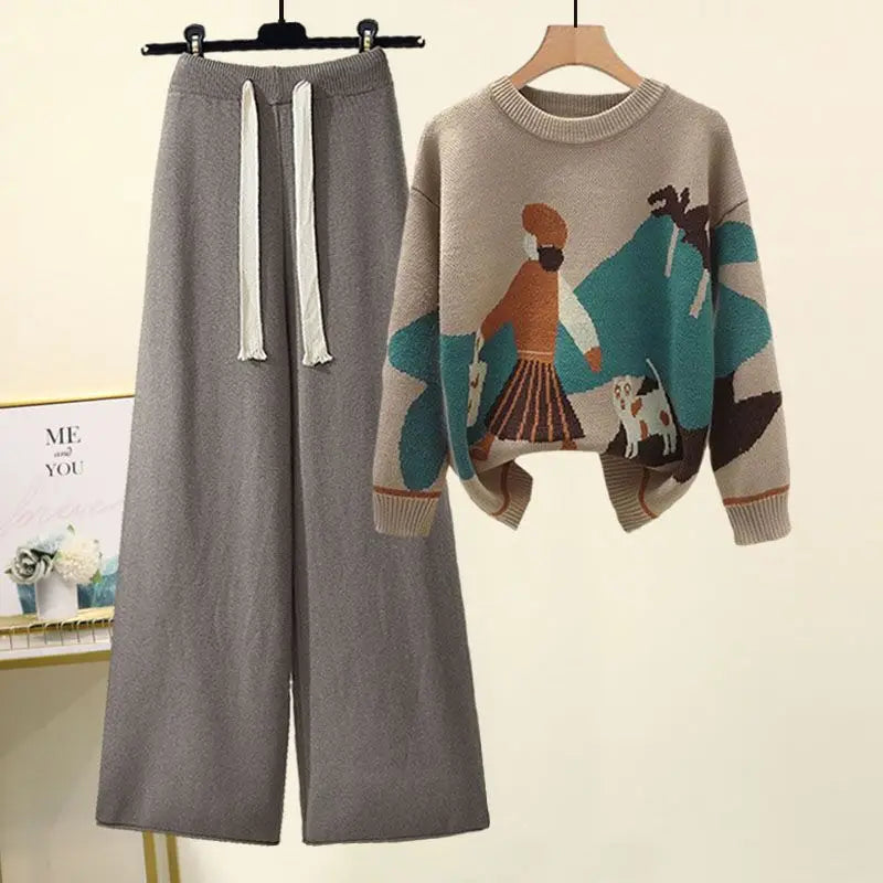 Printed  Knitted Sweater Loose and Slimming Casual Pants Two Piece Set