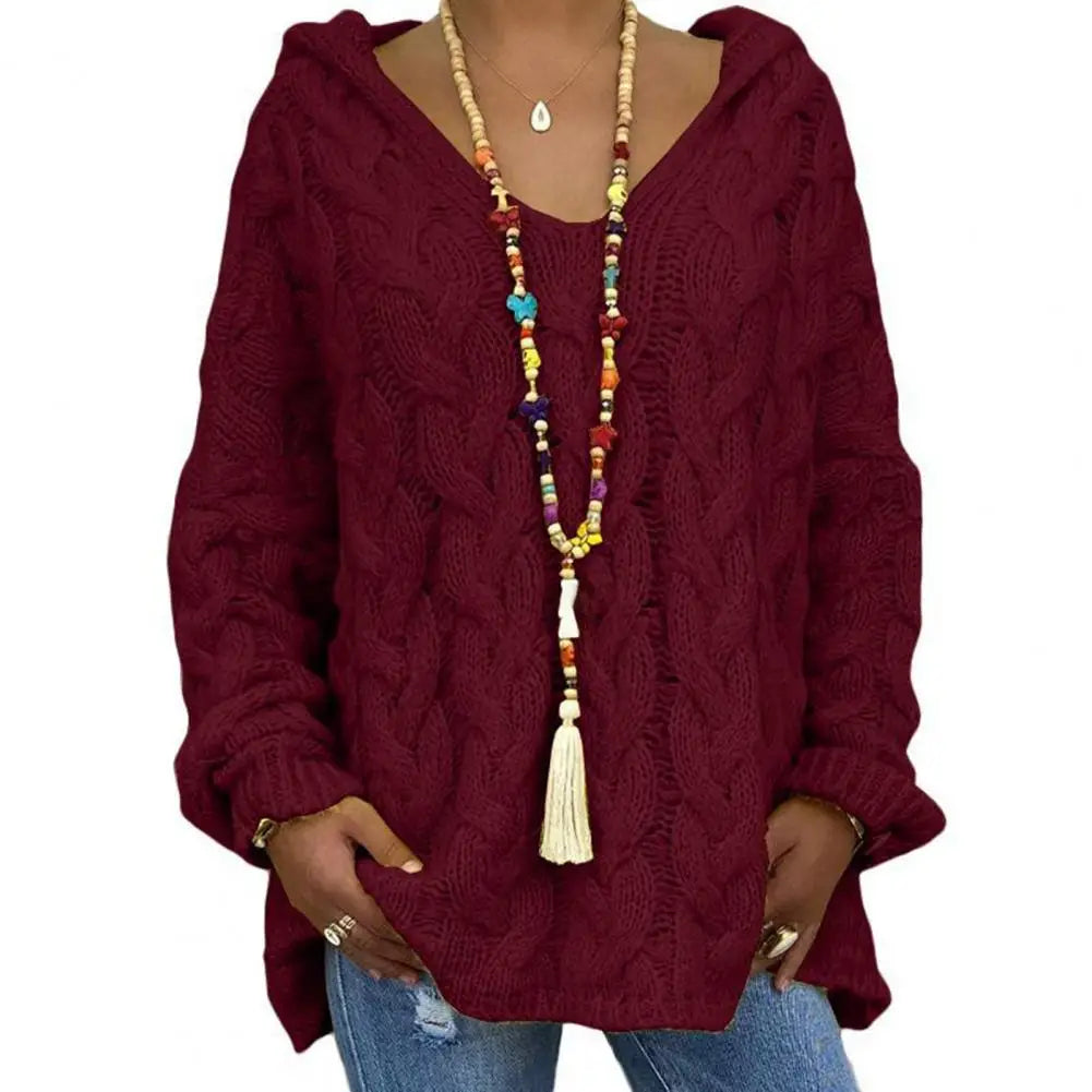 Hooded V-Neck Long Sleeves Twist Knitted Hoodie