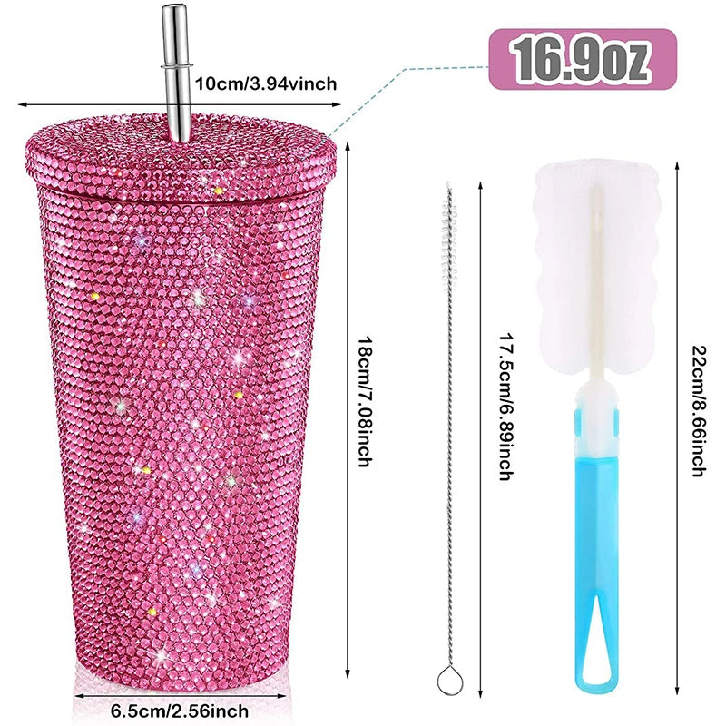 500ml Straw Cup With Lid Reusable Rhinestone Stainless Steel Double Layer Thermos Cups