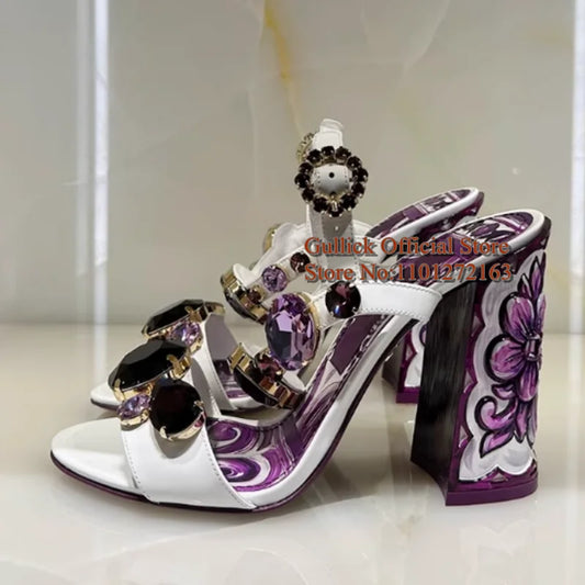 Bohemia Style Rhinestone Gem Chunky Heels Sandals
