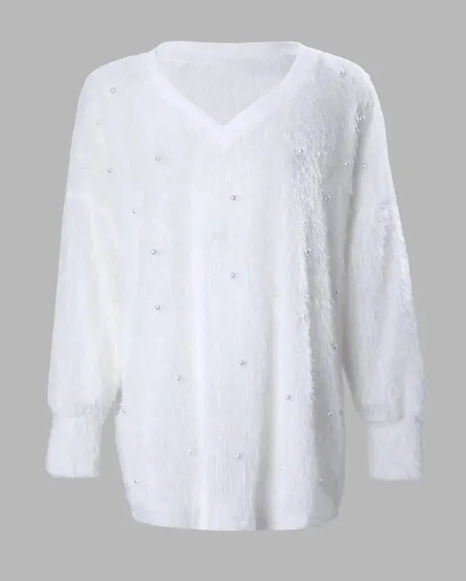 Lazy Ribbed Knitted Pullover V-Neck Pearl Long Sleeved Sweater