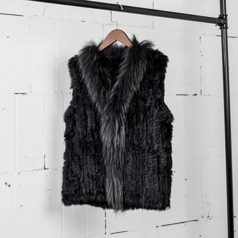 Natural Real Rabbit Fur Vest With Raccoon Fur Collar Jackets