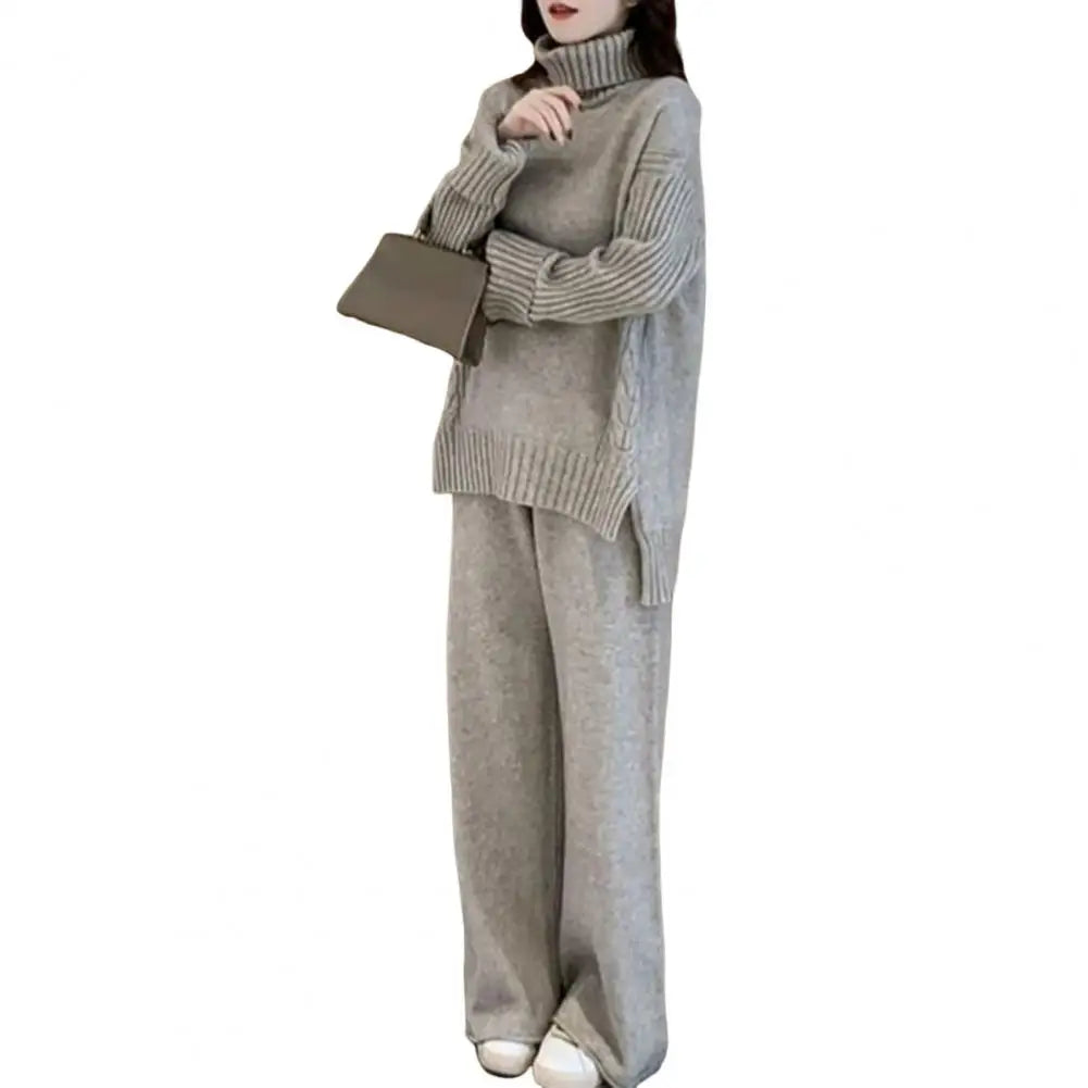 2Pcs Turtleneck Sweater Straight Wide Leg Pants Set