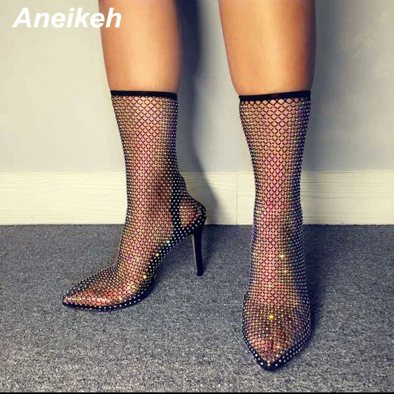 Bling Bling Rhinestone Mesh Pointed toe Ankle Boots