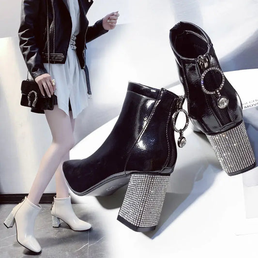 High Heeled Rhinestone Chunky Heel  Booties