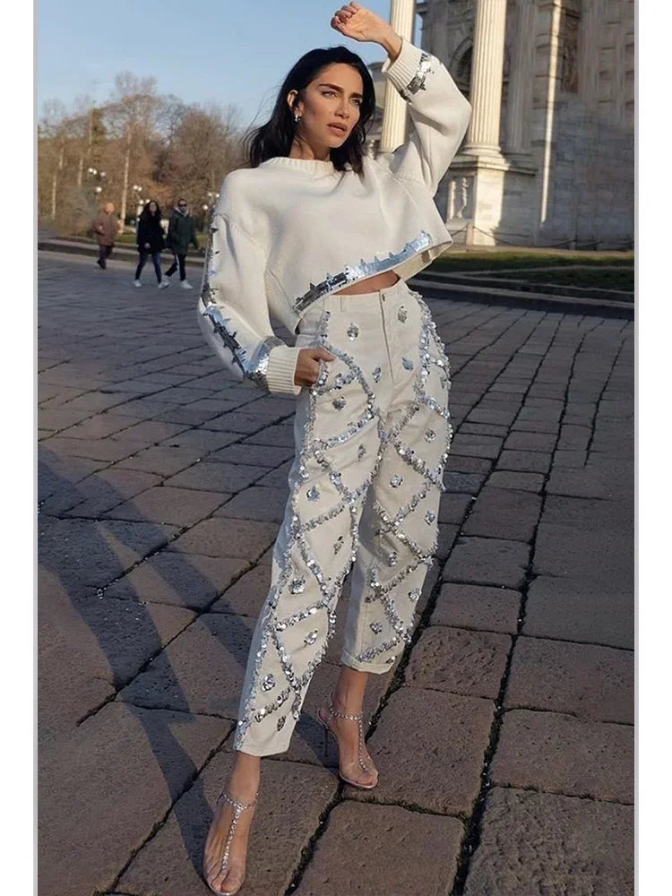 Women Spring Sequin Knitted Sweater and Pants