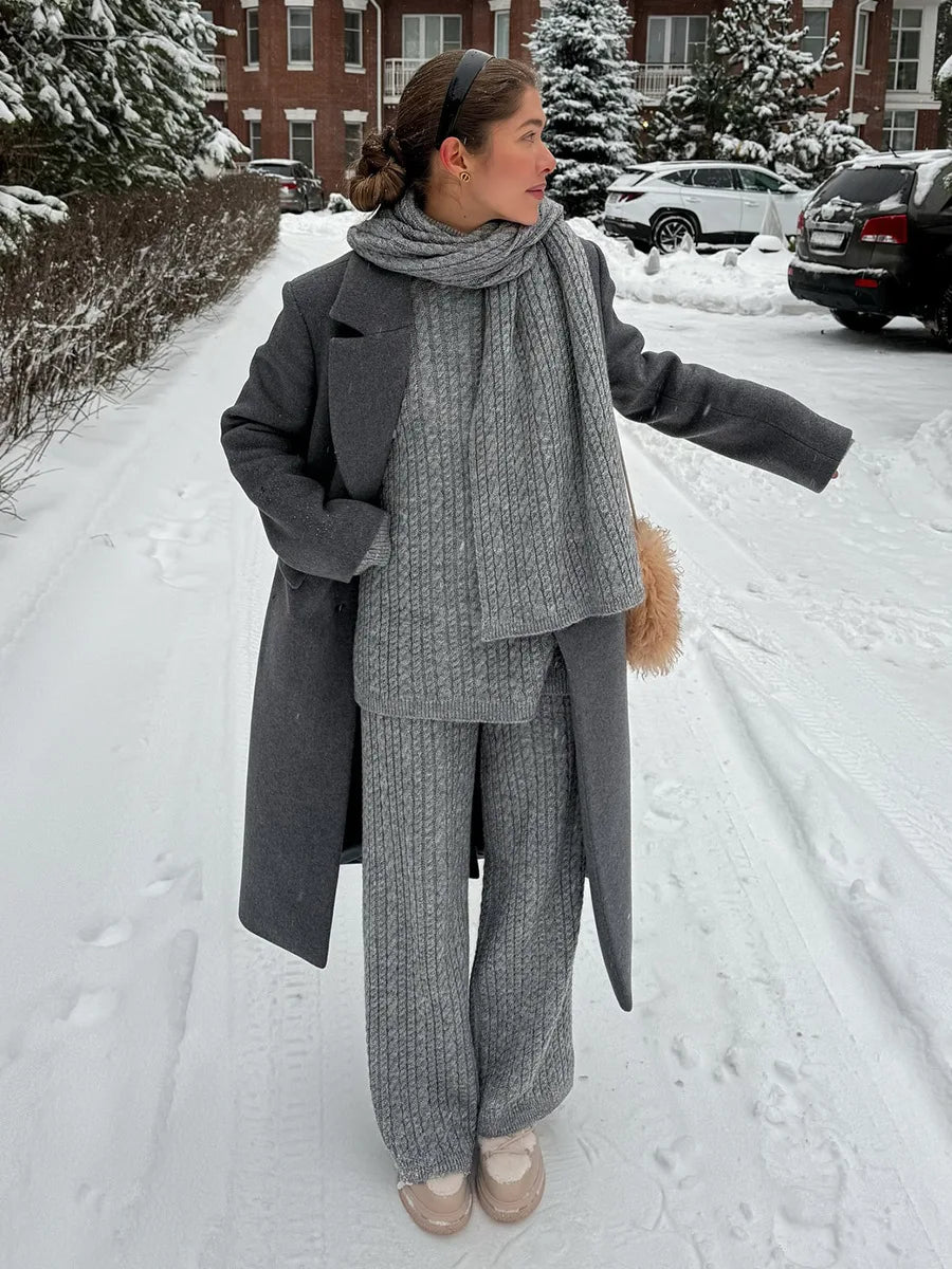 Soft Wool Blend Cable Knit Sweater Wide Leg Pants Set