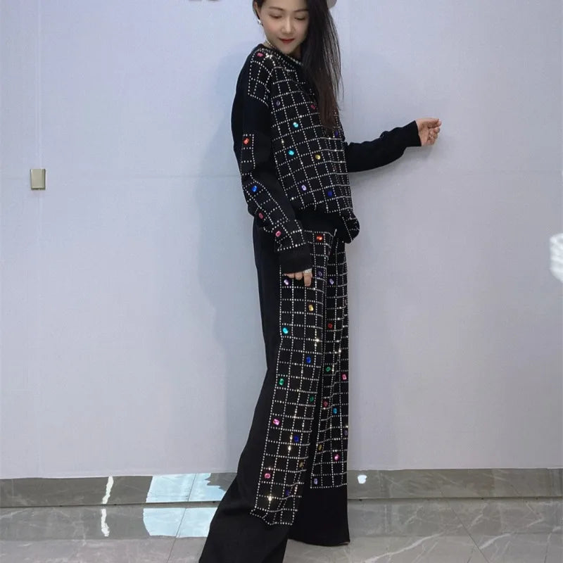 European-style Rhinestone Knitted Sweater Two-piece Set