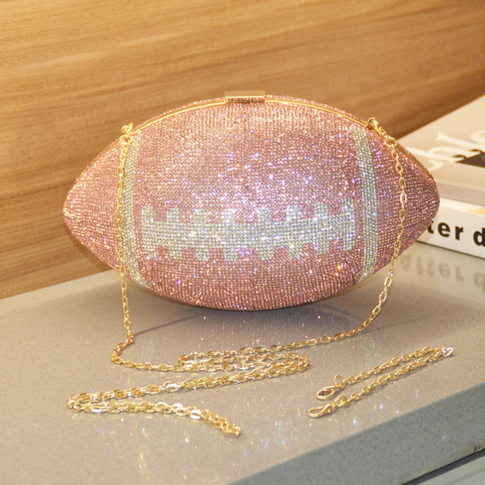 Creative Football Shape Bling Rhinestone Shiny Diamond Purse with Shoulder Chain