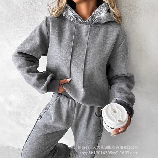 Beaded Casual Two-piece Sweater and Sports Trousers Set with Hood and Matching Coat