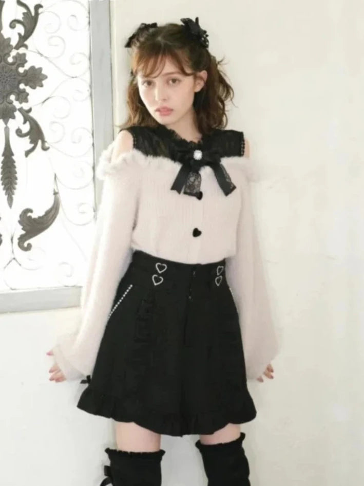 Sweet Lolita Off Shoulder Long Sleeve Knitwear Bow Lace Waist Slim Sweater