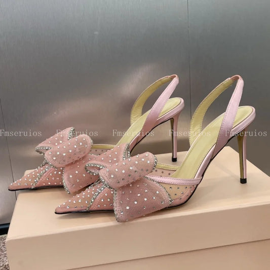 Pointed Toe Stiletto Heel Mesh Rhinestone Bow Elegant Slingbacks