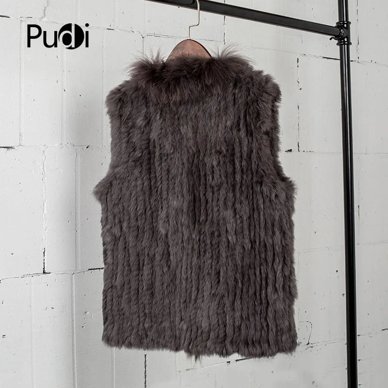 Natural Real Rabbit Fur Vest With Raccoon Fur Collar Jackets