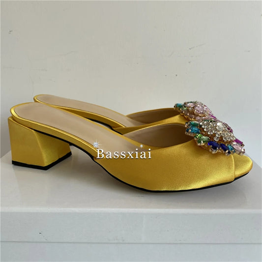 Colorful Rhinestone Buckle Luxury Satin Square Heel Mule