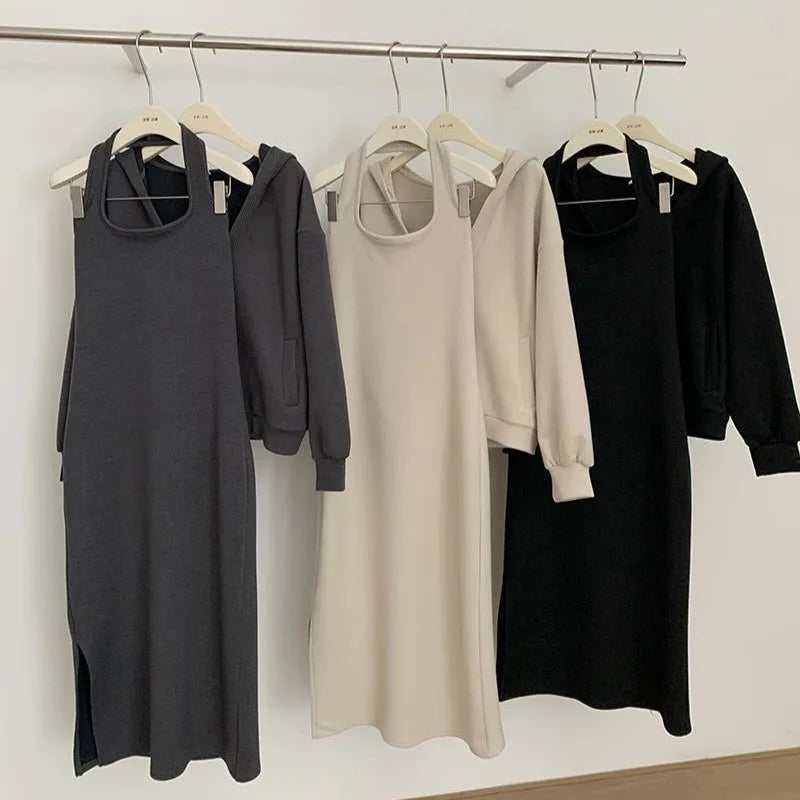 Loose Hooded Neck Dress Loose Sweater Coat  Two-piece