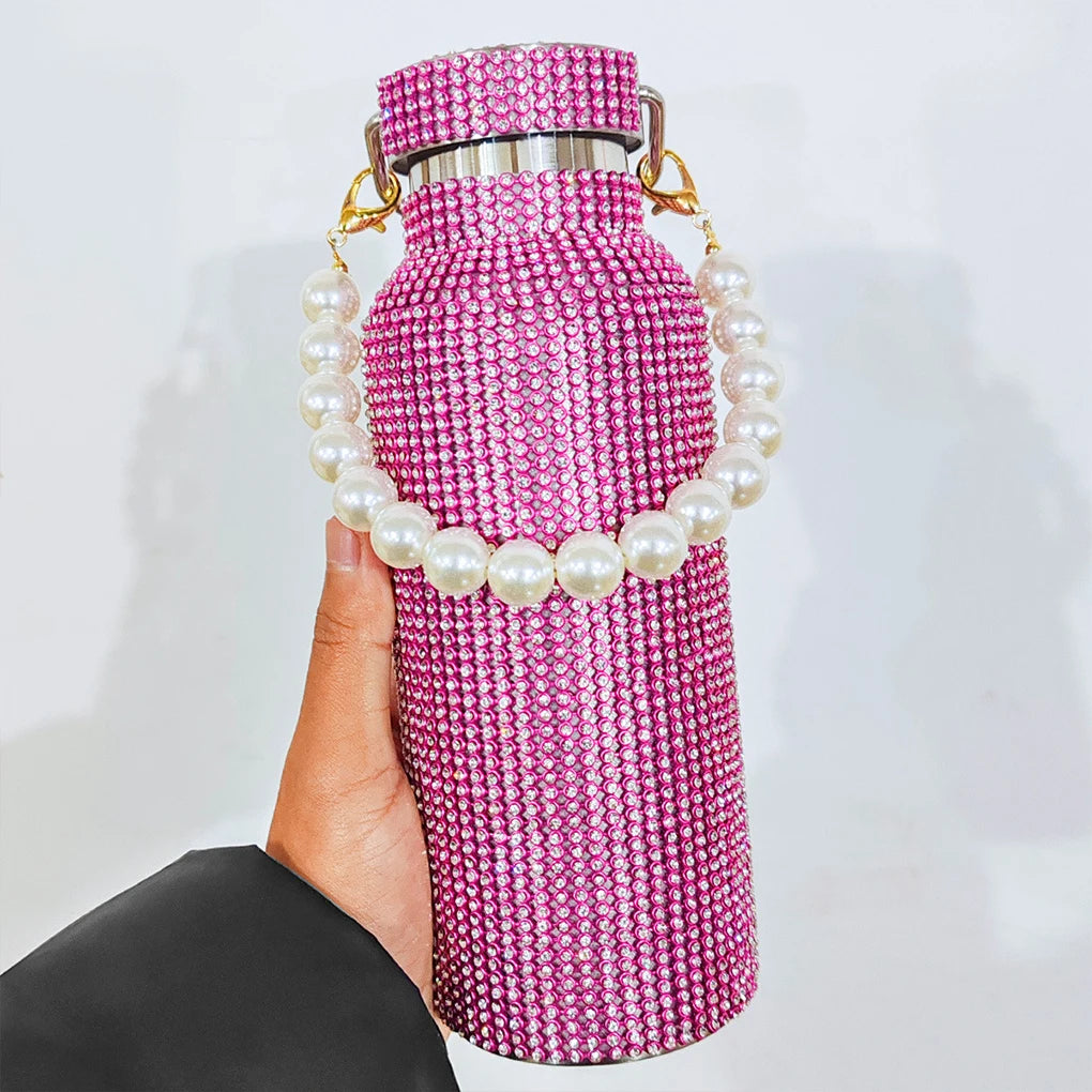 2024 New 750ml Bling Rhinestone Thermos Water Bottle Crossbody Stainless Steel