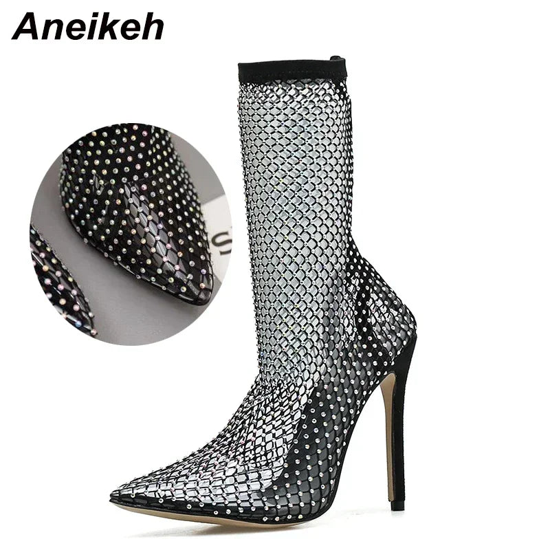 Bling Bling Rhinestone Mesh Pointed toe Ankle Boots