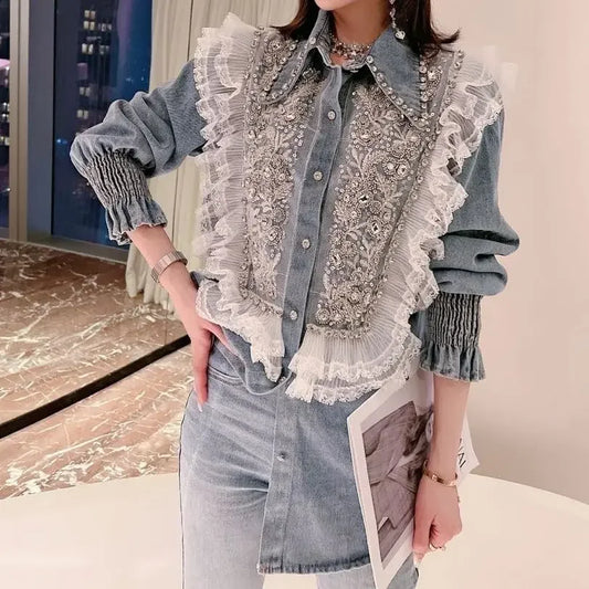 Diamonds Beaded Denim Shirts Lace Stitching Ruffles Blouses