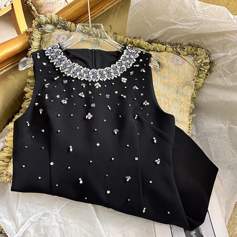 Vintage Sleeveless Rhinestone Round NeckDress