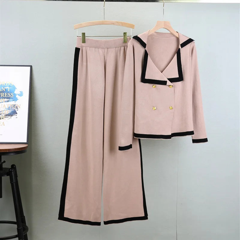 Turn Down Collar Double Breasted  Sweater Set