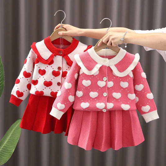 Cute Heart Pattern knit Shirt+ Skirt 2Pcs Sweater Outfit For Kids