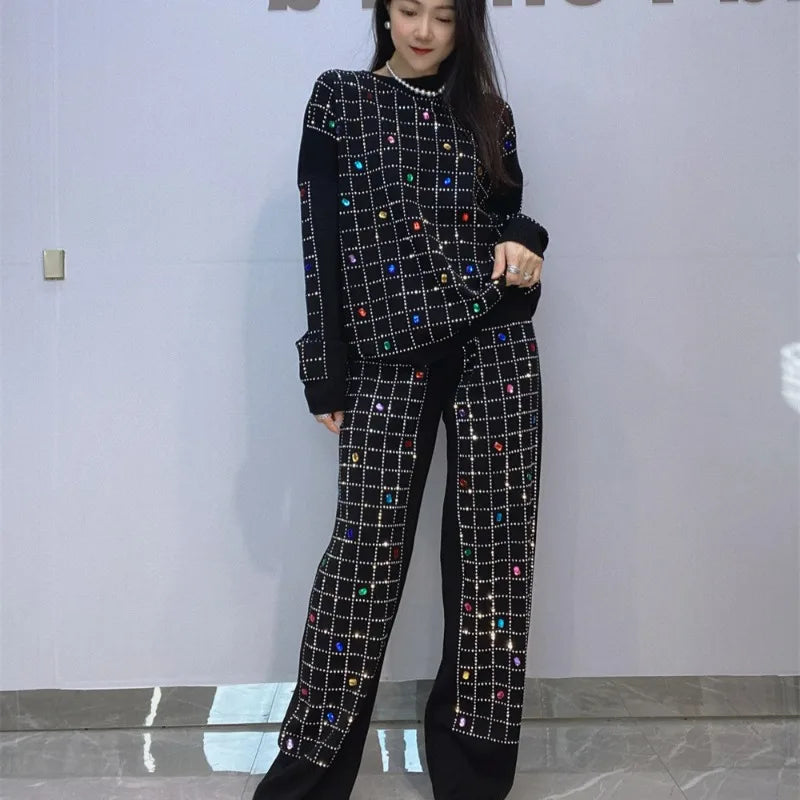 European-style Rhinestone Knitted Sweater Two-piece Set
