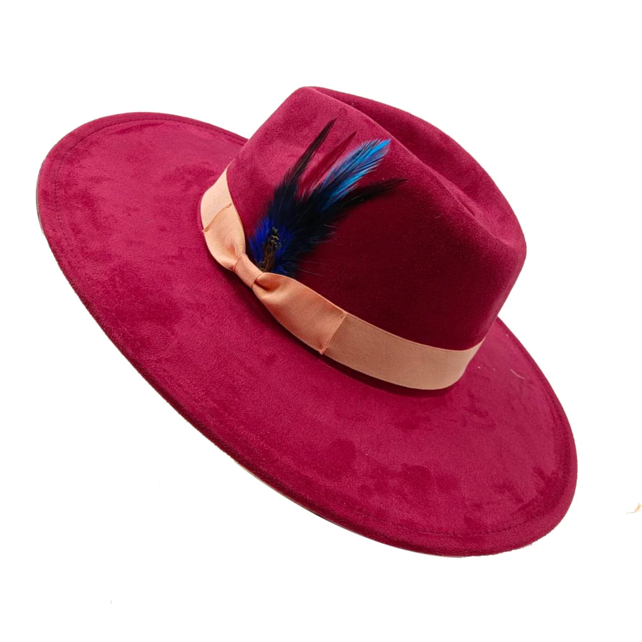 Wide Brim Feather Suede Fedora Hat Heart Top 9.5cm