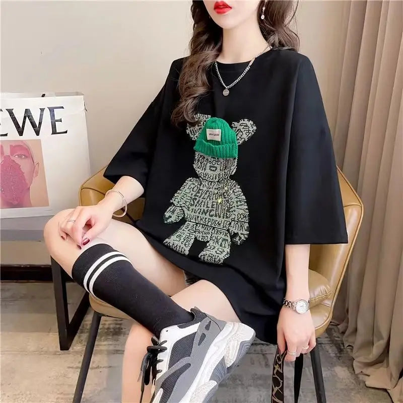 Lazy Cat Exquisite Rhinestone Beaded Bow T-shirt Women's Top